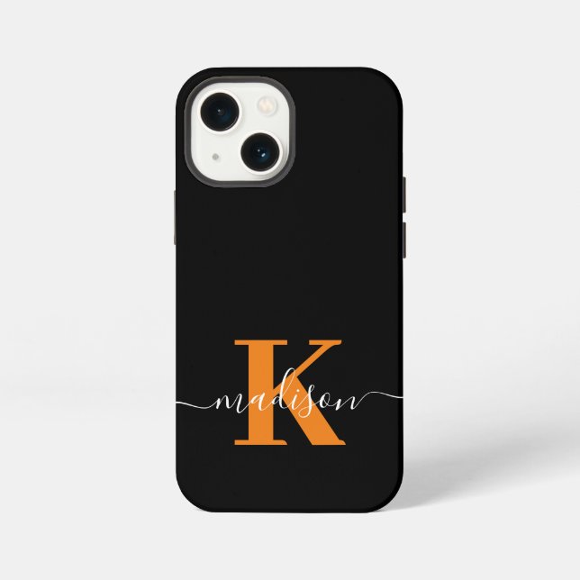 Coque iPhone Monogramme noir et orange moderne (Verso)