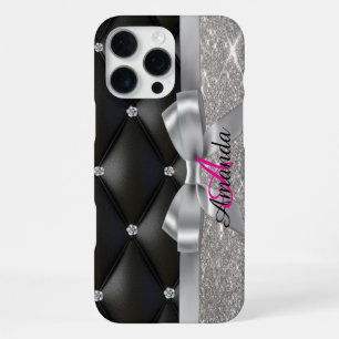 Coque iPhone 16 Pro Max monogramme noir parties scintillant argent