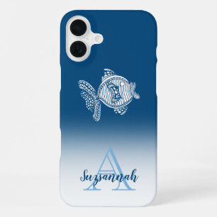 Coque iPhone 16 Plus Monogramme Nom Bleu Ombre Contour Poisson Blanc
