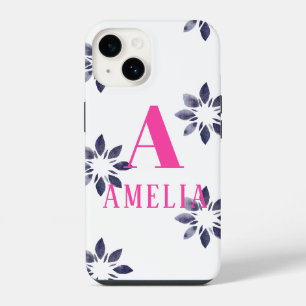 Coque Pour iPhone 14 Monogramme Nom Fleur Rétro Aquarelle Bleu Rose 