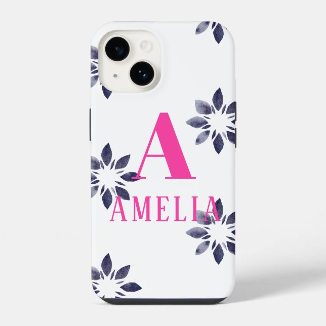 Coque iPhone Monogramme Nom Fleur Rétro Aquarelle Bleu Rose  (Verso)