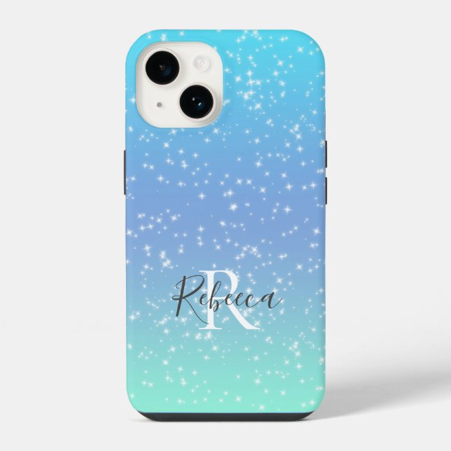 Coque iPhone Monogramme Nom Initial Bleu Vert Étincelle Féminin (Verso)
