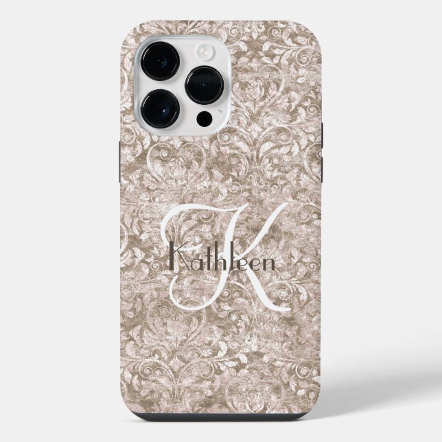 Coque iPhone Monogramme Nom Initial Brun Blanc Ornement Flouris (Verso)