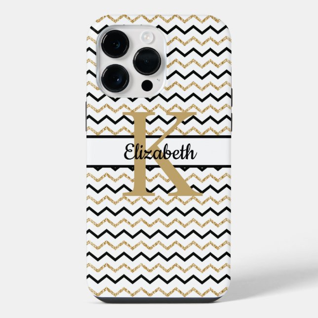 Coque iPhone Monogramme Nom Initial Noir Or Chevron Zig Zag  (Verso)