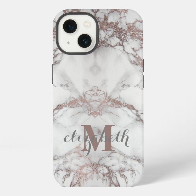 Coque iPhone Monogramme Nom Initial Rose Gold Blanc Gris Marbre (Verso)