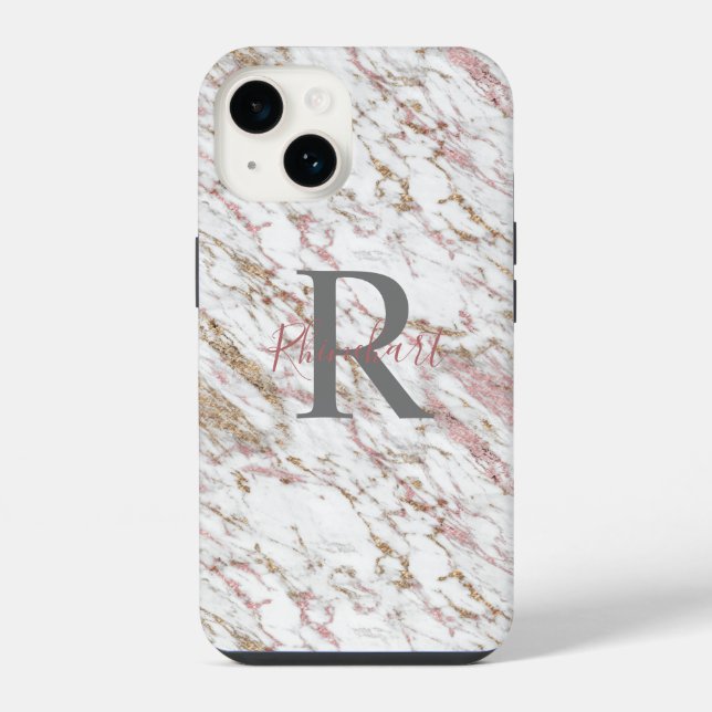 Coque iPhone Monogramme Nom Initiale Blanc Gris Or Rose Marbre  (Verso)