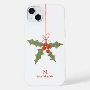Coque iPhone 15 Plus Monogramme Nom Noël Holly Floral Hiver
