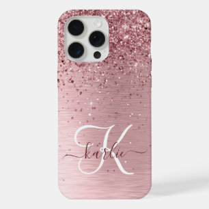 Coque iPhone 15 Pro Max Monogramme Nom Paillettes Métal Brossé Rose Blush
