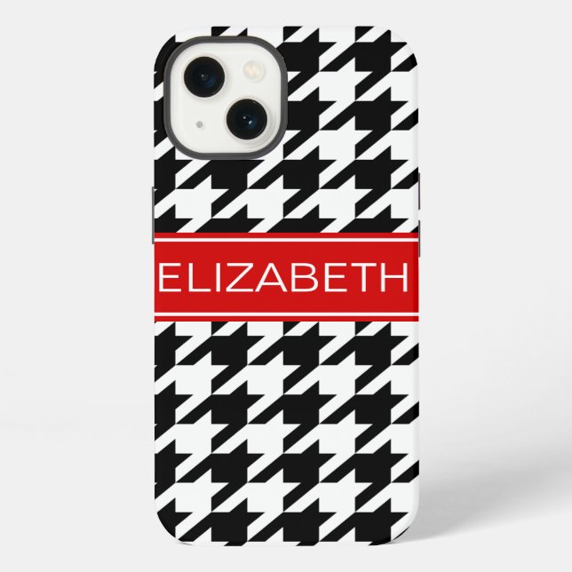 Coque iPhone Monogramme nom rouge Houndstooth noir et blanc #2 (Verso)