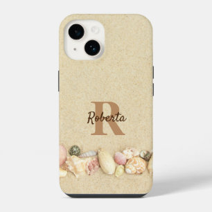 Coque Pour iPhone 14 Monogramme Nom Sable de Plage Coquillages