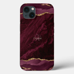 Etui iPhone 13 Monogramme Or Aquarelle Agate Bourgogne