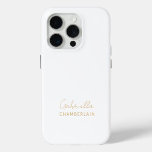 Coque iPhone 15 Pro Monogramme Or Moderne Minimaliste Blanc