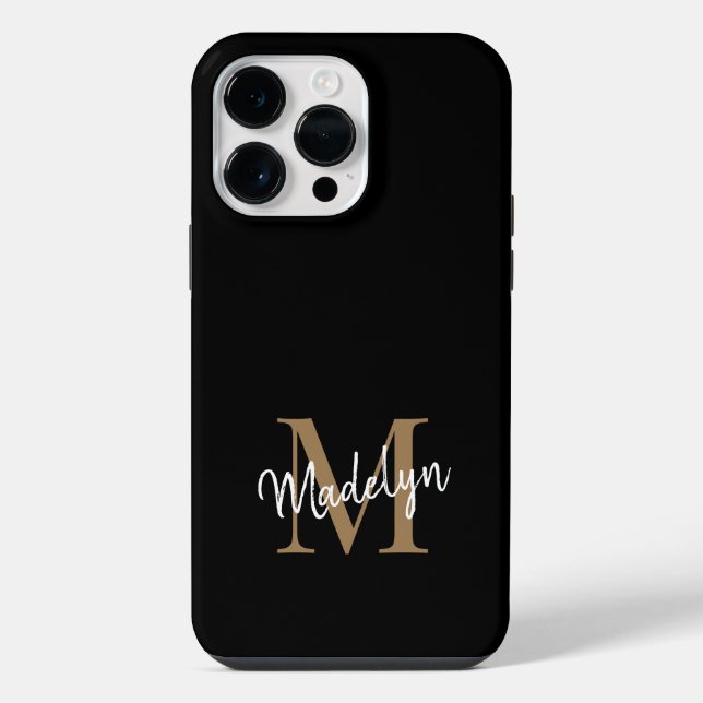Coque iPhone Monogramme Or Noir Moderne Nom Féminin Script (Verso)