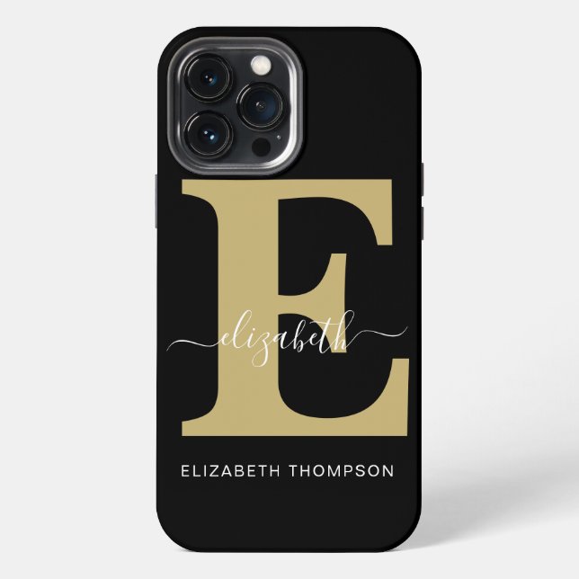 Coque iPhone Monogramme Or Noir Nom Personnalisé Script (Verso)