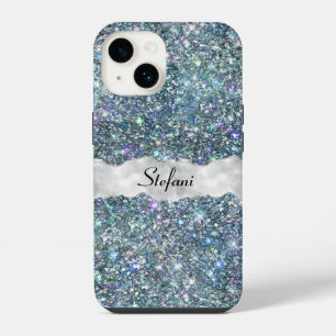 Coque Pour iPhone 14 Monogramme pailleté bleu et argenté fantaisiste