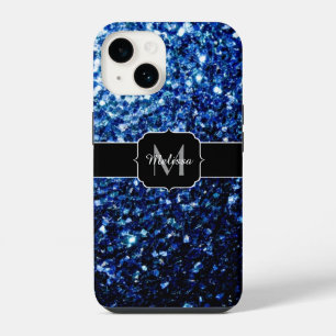 Coque Pour iPhone 14 Monogramme pailleté brillant faux scintillant bleu