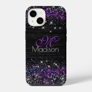 Coque Pour iPhone 14 Monogramme pailleté en métal brossé noir violet