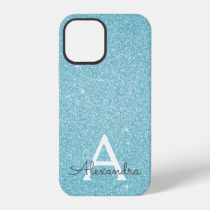 Coque iPhone 12 Monogramme Pailleté et Scintillant Bleu Sarcelle A