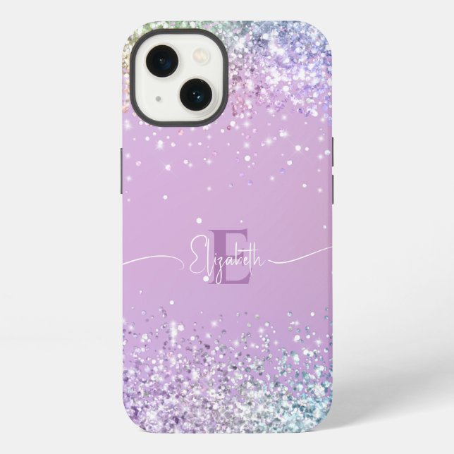 Coque iPhone Monogramme Pailleté Faux Holographique Violet Mode (Verso)