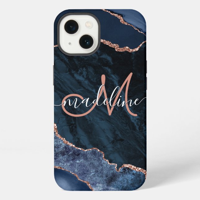 Coque iPhone Monogramme Pailleté Geode Agate Bleu Marine Rose (Verso)