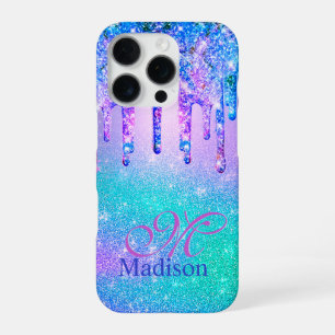 Coque iPhone 16 Pro Monogramme pailleté ombré bleu violet chic avec go