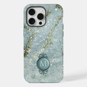 Coque iPhone 15 Pro Max Monogramme Pailleté Or et Menthe Élégant