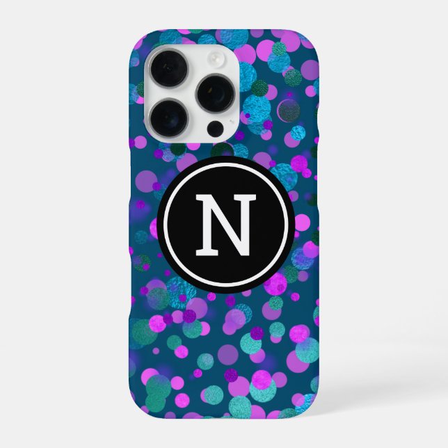 Coque iPhone Monogramme pailleté points de confettis bleu viole (Verso)