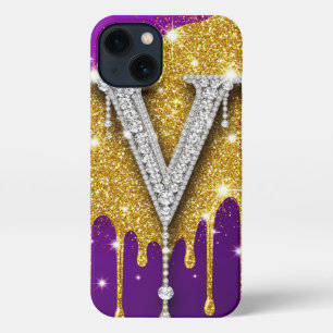 Etui iPhone 13 Monogramme Pailleté V ✨ Luxe Glamour Violet Dégoul