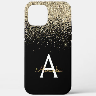 Coque iPhone 12 Pro Max Monogramme Parties scintillant de luxe noir or