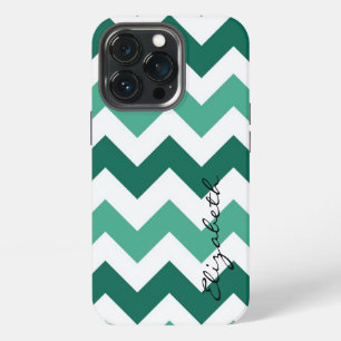 Etui iPhone 13 Pro Monogramme personnalisé à la menthe et blanc Chevr
