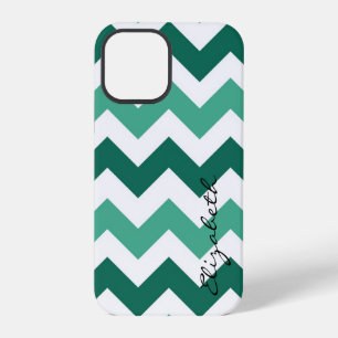 Coque iPhone 12 Pro Monogramme personnalisé chevron vert clair et blan