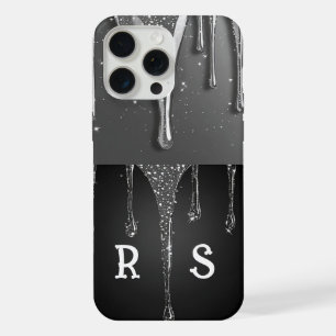 Coque iPhone 15 Pro Max 💎 Monogramme personnalisé Dégoulinante Argent Élé