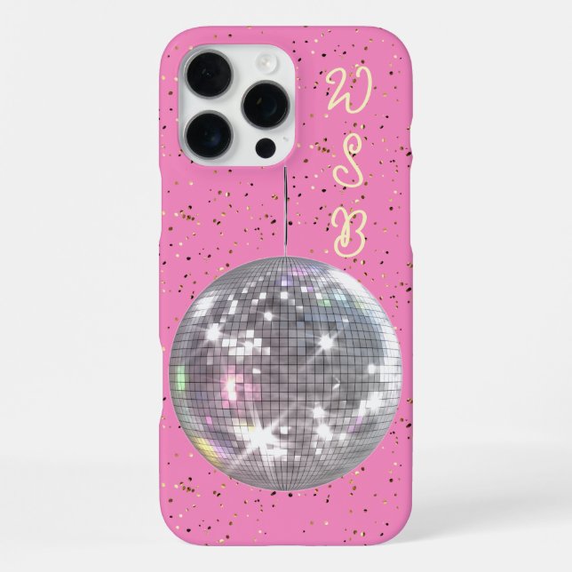 Coque iPhone Monogramme personnalisé Disco Ball Confetti rose (Verso)
