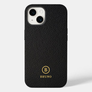 Coque Pour iPhone 14 Monogramme personnalisé en cuir noir minimaliste