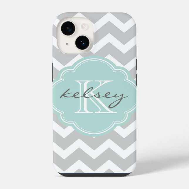 Coque iPhone Monogramme personnalisé gris et menthe à chevron (Verso)