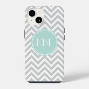Coque Pour iPhone 14 Monogramme personnalisé gris et menthe à chevrons