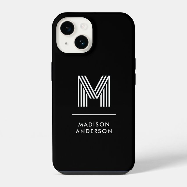 Coque iPhone Monogramme personnalisé minimaliste moderne noir b (Verso)