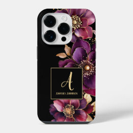 Coque Pour iPhone 14 Plus Monogramme Personnalisé Noir Floral Violet
