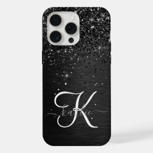 Coque iPhone 15 Pro Max Monogramme personnalisé paillettes noires
