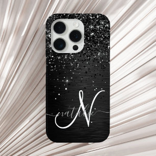 Coque iPhone 15 Pro Monogramme personnalisé paillettes noires
