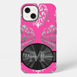 Etui iPhone 13 monogramme personnalisé rose et argent damassé