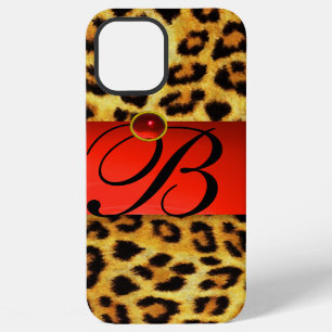 COQUE iPhone 12 PRO MAX MONOGRAMME PIERRE GEMME RUBIS ROUGE FOURRURE DE LÉ