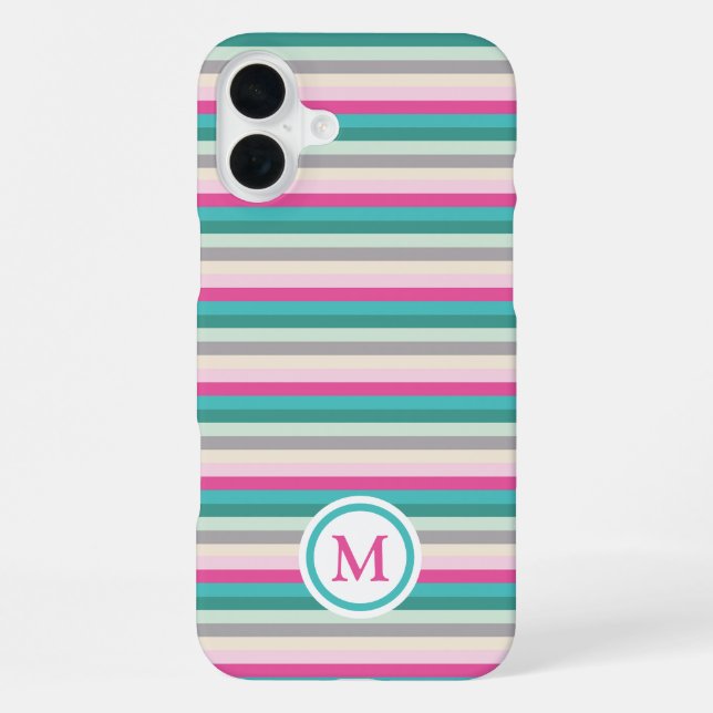 Coque iPhone Monogramme rayé pastel vert rose (Verso)