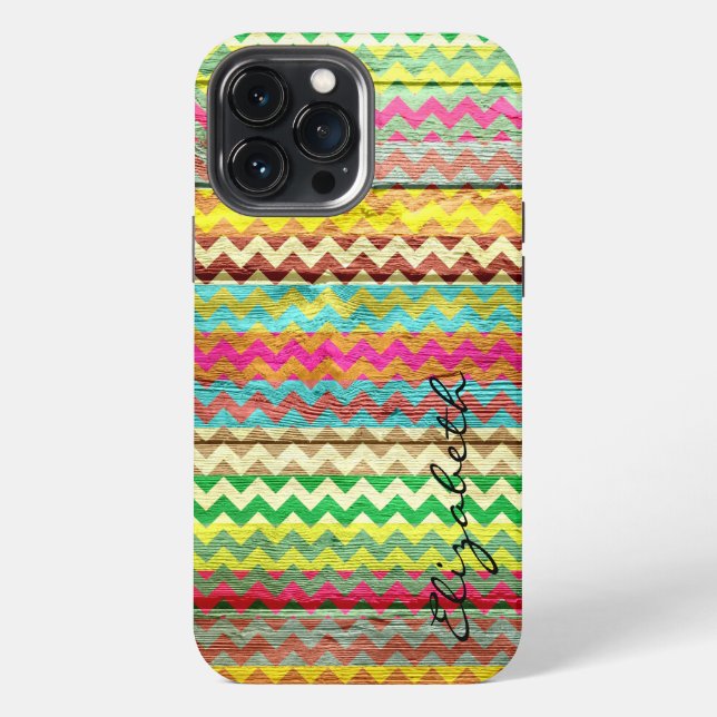 Coque iPhone Monogramme rayures chevron colorées bois (Verso)
