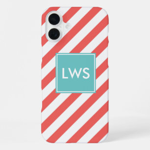 Coque iPhone 16 Plus Monogramme rayures diagonales corail et menthe