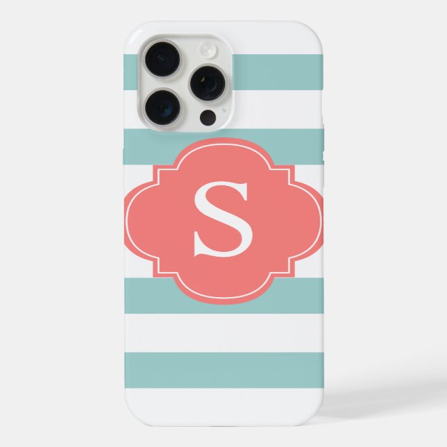 Coque iPhone Monogramme rayures menthe et corail (Verso)