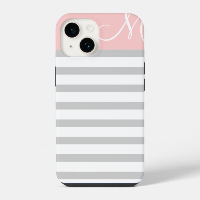 Coque iPhone Monogramme rayures prépa gris et rose (Verso)