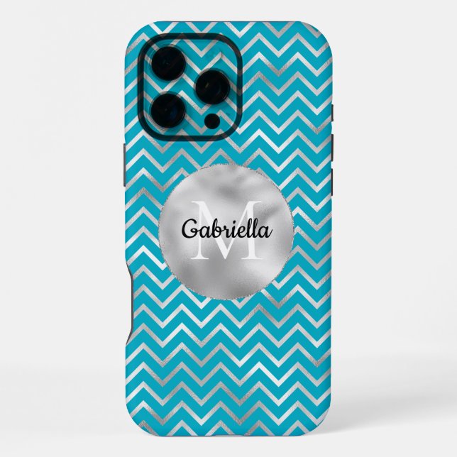 Coque iPhone Monogramme rayures zigzag argent aqua (Verso)