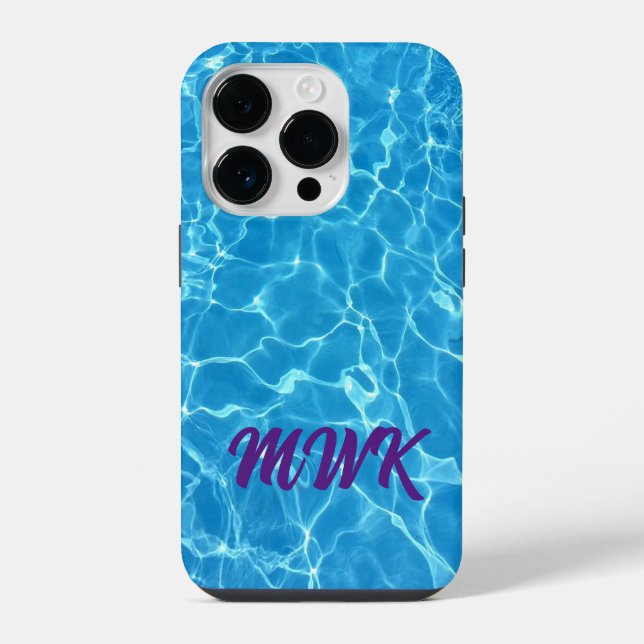 Coque iPhone Monogramme Réflexion d'eau bleue (Verso)