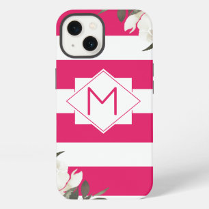 Etui iPhone 13 Monogramme Rose Chaud Rayé Floral avec Roses Blanc